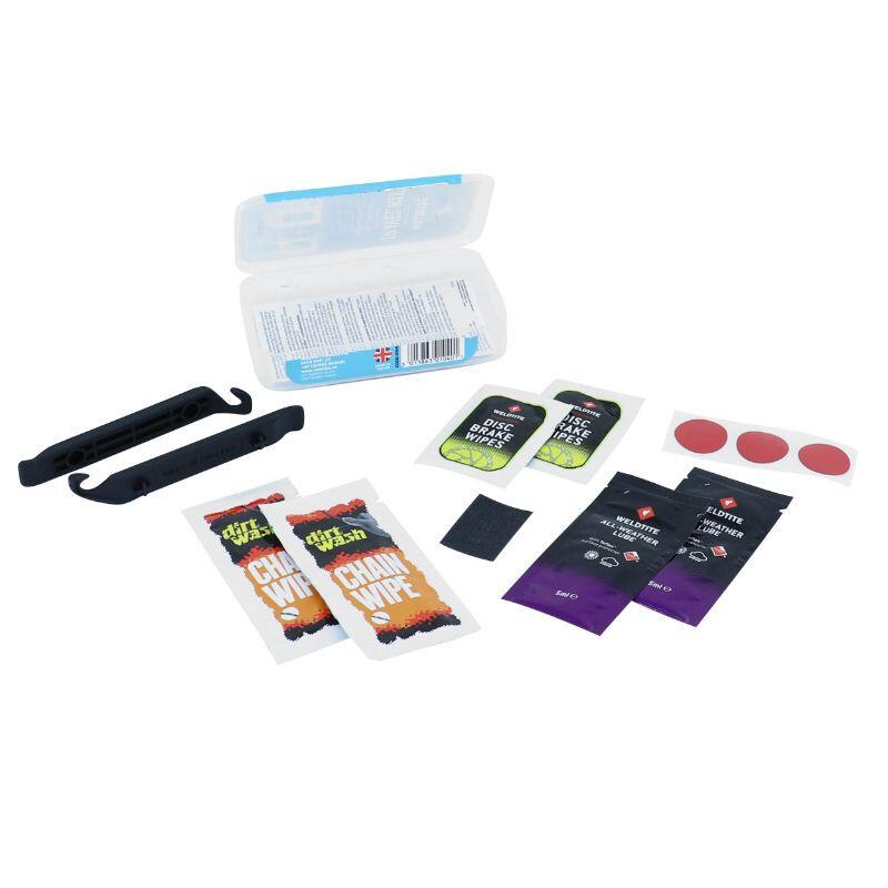 Velo Store - UK Maintenance kit with patches and tire removers, 2 x 5ml teflon lubricants, 2 x chain cleaning wipes and 2 x disc cleaning wipes Weldtite | Extra 10% off with Subscription, Postage £16.79 to UK Fedex.