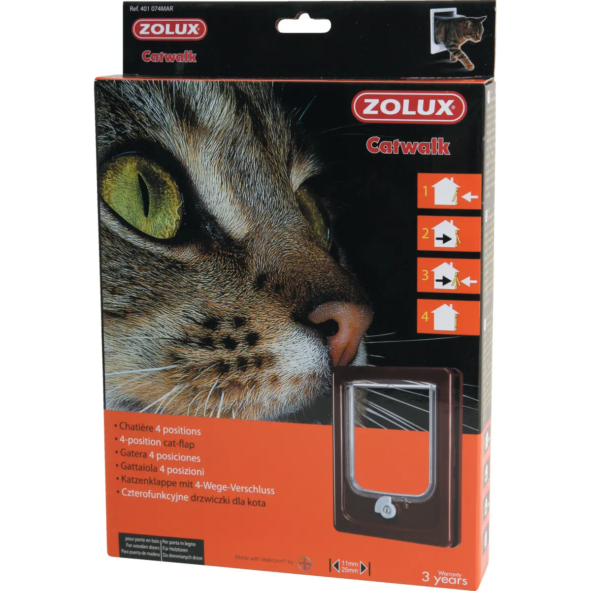 Zolux Marron 4-Position Cat Flap For Wooden Doors Catwalk
