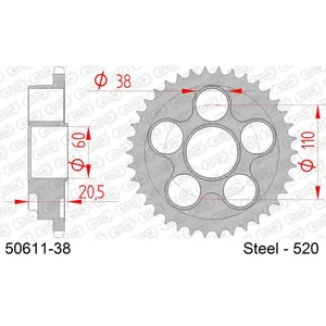 Πινιόν πίσω από χάλυβα για μοτοσικλέτα Afam 520 38 dents image-0