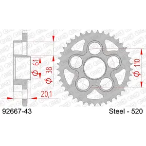 Rear steel motorcycle sprocket Afam 520 43 dents