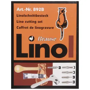 Linoleumsnittssats med 1 trähandtag, 5 mejslar, 1 färgtub, 1 palett, 1 pall lino a6, 1 mejselutdragare och 1 rulle Brause