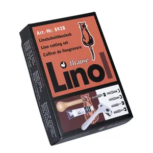 Linoleumsnittssats med 1 trähandtag, 5 mejslar, 1 färgtub, 1 palett, 1 pall lino a6, 1 mejselutdragare och 1 rulle Brause image-1