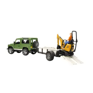 Jeux de voiture - Land Rover Defender avec remorque, mini pelleteuse et homme de chantier Bruder