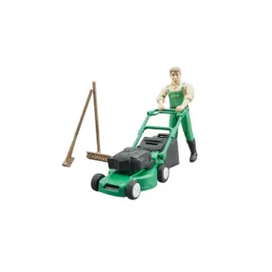 Figurine - gardener with lawnmower and equipment Bruder image-0