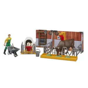 Figurine - Cow and calf barn with farmer Bruder image-0