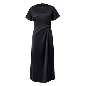 Women's Ruched Satin Midi Dress with Round Neck and Drop Shoulders COMMA image-0