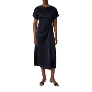 Women's Ruched Satin Midi Dress with Round Neck and Drop Shoulders COMMA image-2