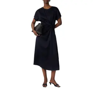 Women's Ruched Satin Midi Dress with Round Neck and Drop Shoulders COMMA image-6