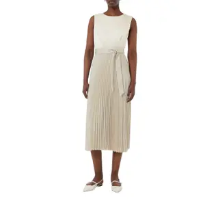 Women's Sleeveless Midi Satin Dress with Pleated Skirt and Tied Belt COMMA image-2