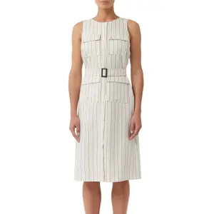 Striped Linen Midi Dress with Belt and Pockets Women's COMMA image-2