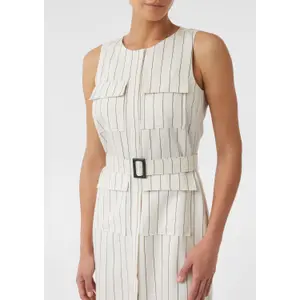 Striped Linen Midi Dress with Belt and Pockets Women's COMMA image-3