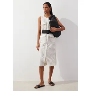Striped Linen Midi Dress with Belt and Pockets Women's COMMA image-6