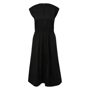 Women's V-Neck Elastic Waist Flared Cotton Poplin Midi Dress COMMA image-0