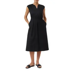 Women's V-Neck Elastic Waist Flared Cotton Poplin Midi Dress COMMA image-6