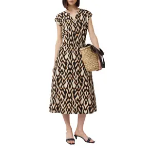 Printed Animal-Blend Linen Midi Dress with Round Neck for Women COMMA image-6