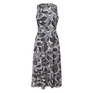 Women's Sleeveless Midi Printed Twill Dress with Round Neck and Back Slit COMMA image-0
