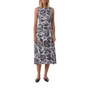 Women's Sleeveless Midi Printed Twill Dress with Round Neck and Back Slit COMMA image-2