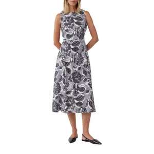 Women's Sleeveless Midi Printed Twill Dress with Round Neck and Back Slit COMMA image-6