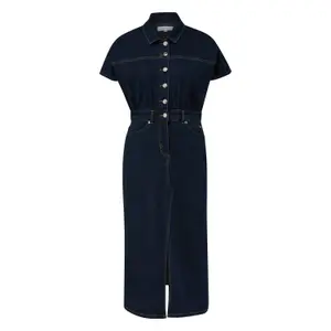 Women's Fitted Midi Denim Dress with Turned Down Collar COMMA image-0