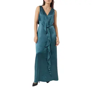 Women's Deep V Neck Crinkled Acetate Satin Maxi Dress COMMA image-6