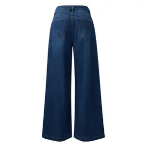 Women's Pleated Washed Five Pocket Wide Leg Jeans COMMA image-1