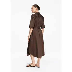 Women's Satin Cotton Midi Shirt Dress with Knotted Belt COMMA image-4
