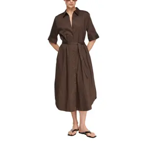 Women's Satin Cotton Midi Shirt Dress with Knotted Belt COMMA image-6