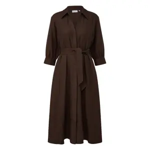 Fitted Midi Shirt Dress in Linen with Faux Leather Belt for Women COMMA image-0