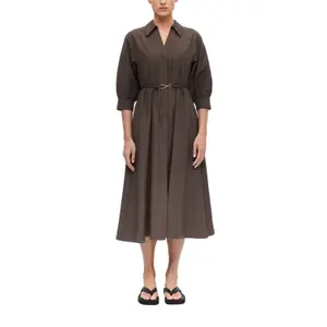 Fitted Midi Shirt Dress in Linen with Faux Leather Belt for Women COMMA image-2