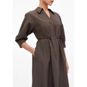 Fitted Midi Shirt Dress in Linen with Faux Leather Belt for Women COMMA image-3