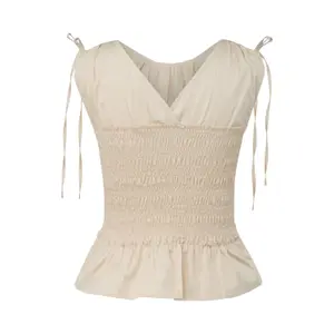 Fitted Sleeveless Smocked Poplin Shirt for Women COMMA image-1