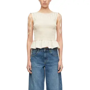 Fitted Sleeveless Smocked Poplin Shirt for Women COMMA image-2
