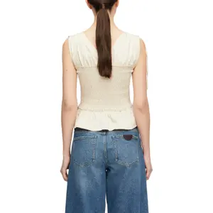 Fitted Sleeveless Smocked Poplin Shirt for Women COMMA image-5