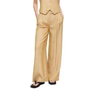 Wide-Leg Linen Blend Trousers with Pleats and Tucks for Women COMMA image-2