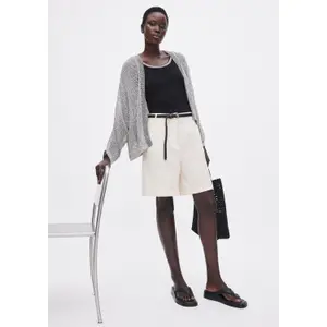 Structured Mixed Linen Short with Woven Faux Leather Belt for Women COMMA image-6