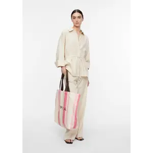 Striped Canvas Tote Bag for Women COMMA image-4