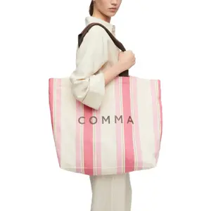 Striped Canvas Tote Bag for Women COMMA image-5