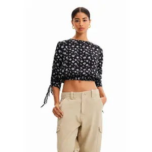 T-shirt court froncé fleurs femme Desigual image-1