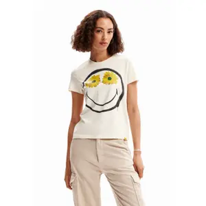 T-shirt til kvinder Desigual Smiley fleurs image-2
