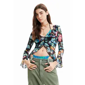 Blomstret T-shirt med flæser til kvinder Desigual image-2