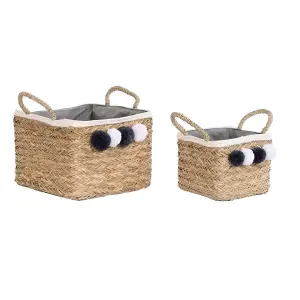 Panier de rangement fibre naturelle pompons DKD Home Decor 33x33x25 cm (x2) image-0