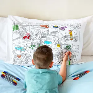 Children's coloring and learning pillowcase - working wheels Eat Sleep Doodle [size 75x50 cm] image-2