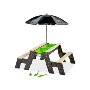 Table d'activités sable et eau, et de pique-nique (2 bancs) avec parasol et outils de jardinage Exit Toys Aksent image-0