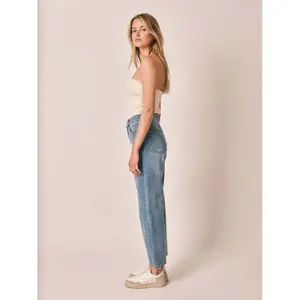 Women's 7/8 high-waisted blue straight-leg cotton jeans F.A.M. Paris Pola image-2