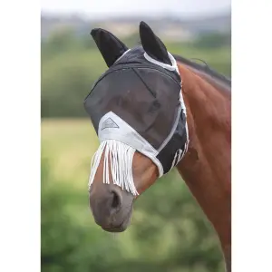 Masque anti-mouches pour cheval en maille avec franges pour les oreilles et le nez FlyGuard Pro