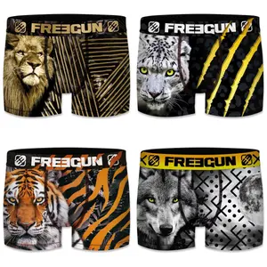 Children's boxer shorts in recycled polyester with wild animal print Freegun (x4) image-0