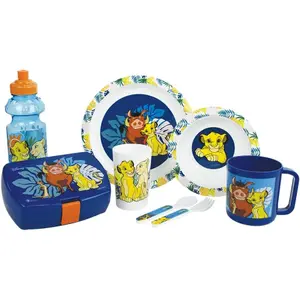 Tableware set: glass, deep plate, plate, mug, water bottle, snack box, and 2 children's cutlery. Fun House Disney Le Roi Lion image-0