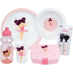 Tableware set: glass, deep plate, flat plate, cutlery, water bottle, and snack box for girls. Fun House Ballerine image-0