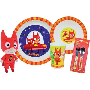 Glass dinner set, soup plate, plate, 2 pieces of cutlery and girl plush toy Fun House Samsam image-0