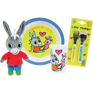 Crockery set glass plates, 2 place settings and child's cuddly toy Fun House Trotro image-0